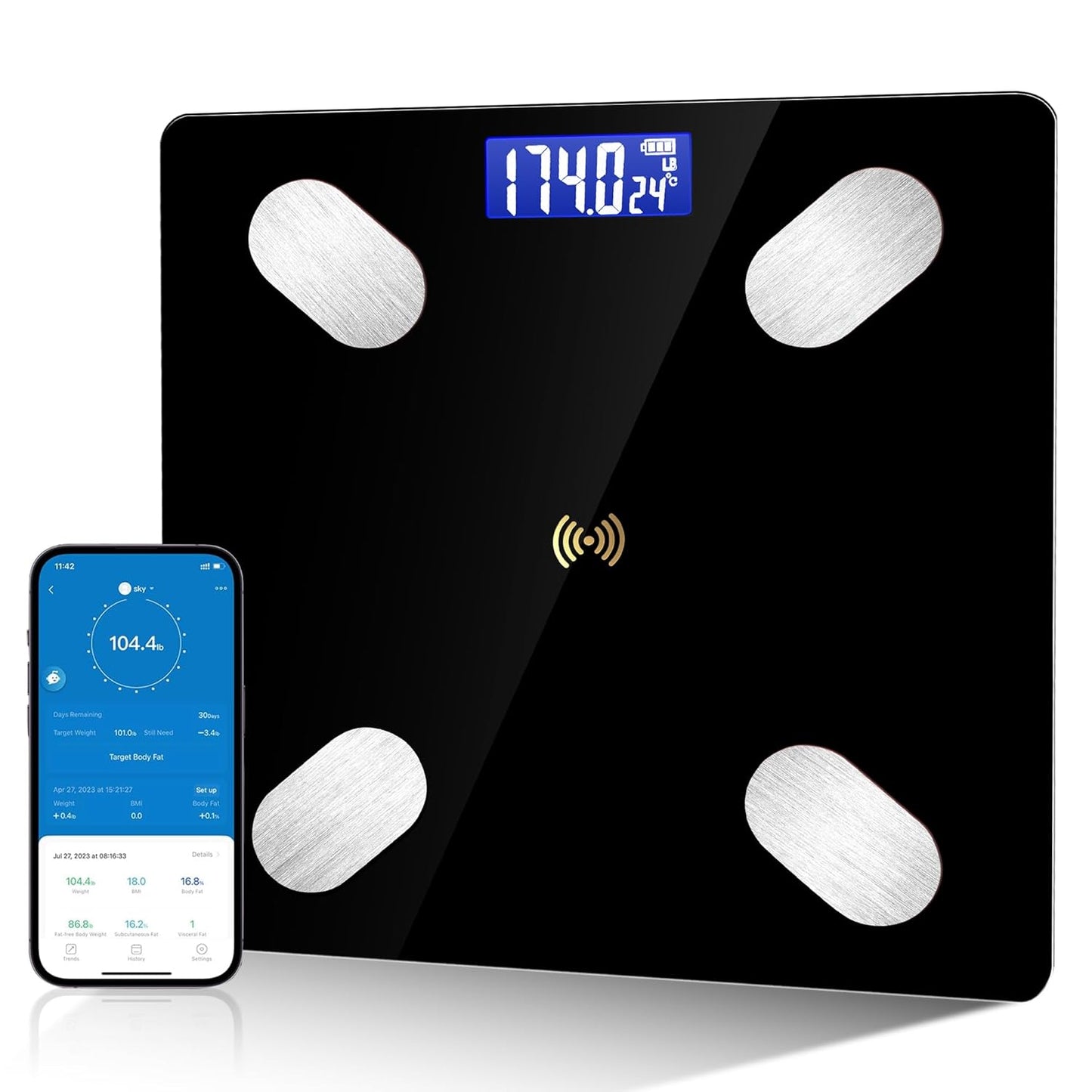 Digital Bathroom Scale Led Display BMI Scale, Body Fat Scale, Body Composition Analyzer with Smartphone Application (Black)